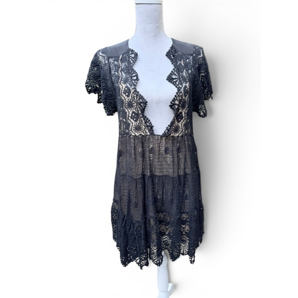 Jen's Pirate Booty Black Crochet Lace Mini Dress S Boho Beach Lace Cover-up